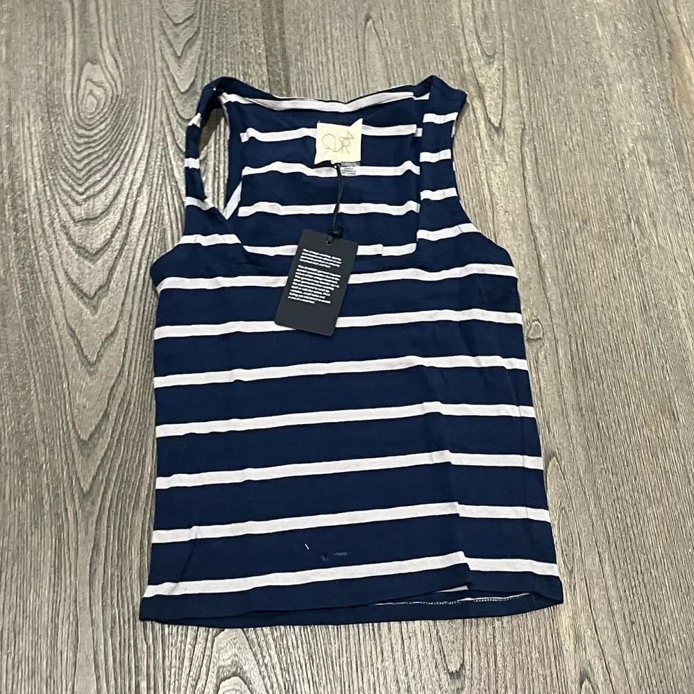 NWT Chaser Navy White Striped Tank Top Scoop Neck Size S